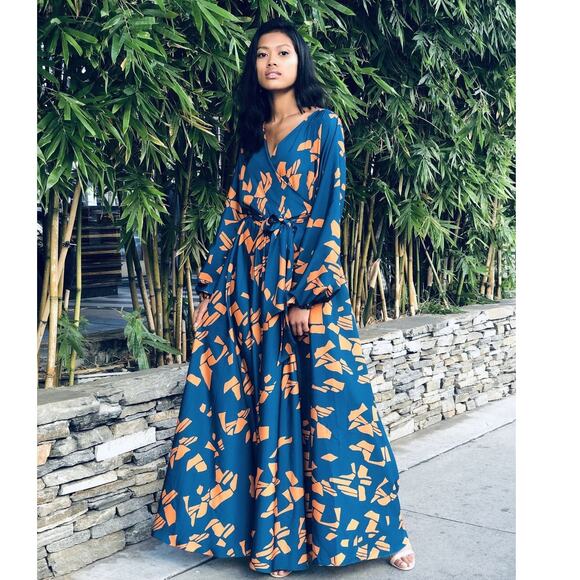 DIARRABLU NWOT Gyraf Blue Satin Marieme True Wrap Long Sleeve Maxi Dress Small - Picture 1 of 9